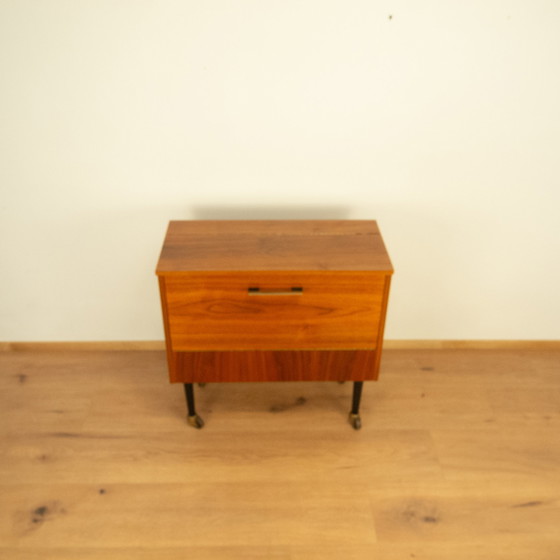 Image 1 of bar cabinet on wheels with mirror, walnut, 1960s