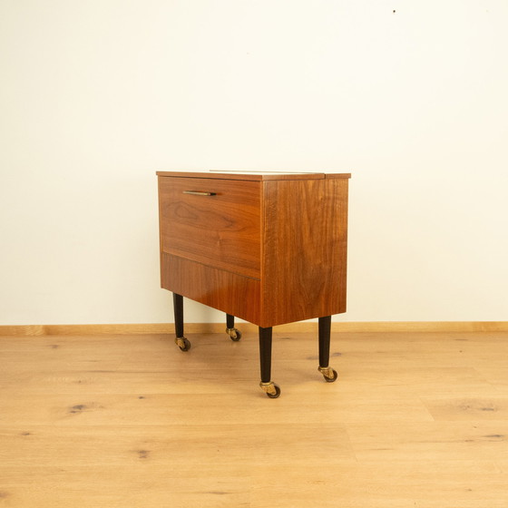 Image 1 of bar cabinet on wheels with mirror, walnut, 1960s