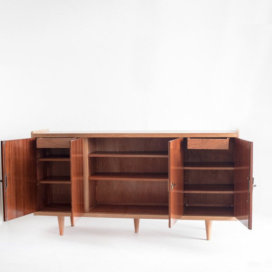 Image 1 of Vintage high sideboard. Oak and embero veneered wood. France, 1960s
