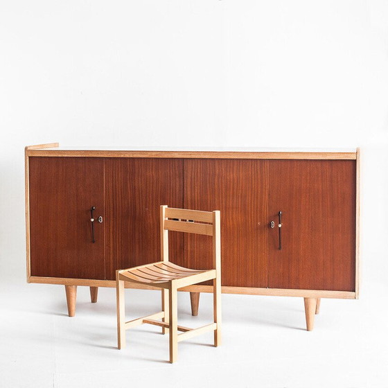 Image 1 of Vintage high sideboard. Oak and embero veneered wood. France, 1960s
