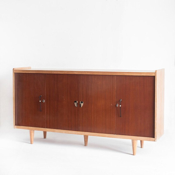Image 1 of Vintage high sideboard. Oak and embero veneered wood. France, 1960s