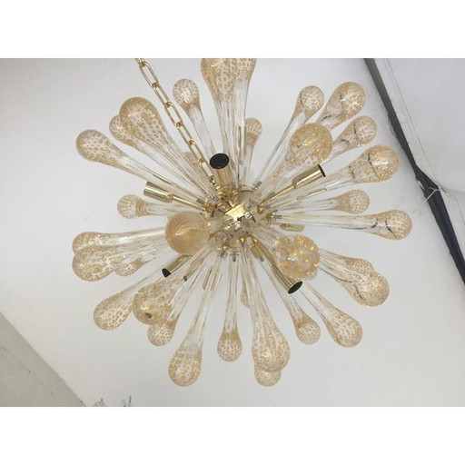 Murano Glass Sputnik Chandelier With Gold Air Drops And Gold Metal Frame