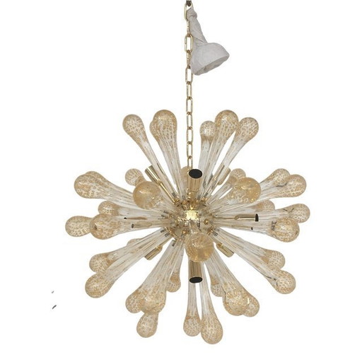 Murano Glass Sputnik Chandelier With Gold Air Drops And Gold Metal Frame