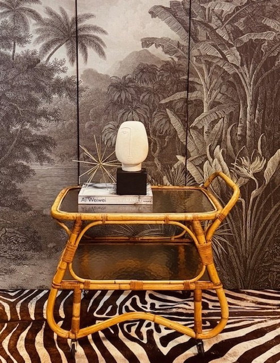 Image 1 of Rohe Rattan Bamboo Serving Cart, Trolley, Beverage Trolley