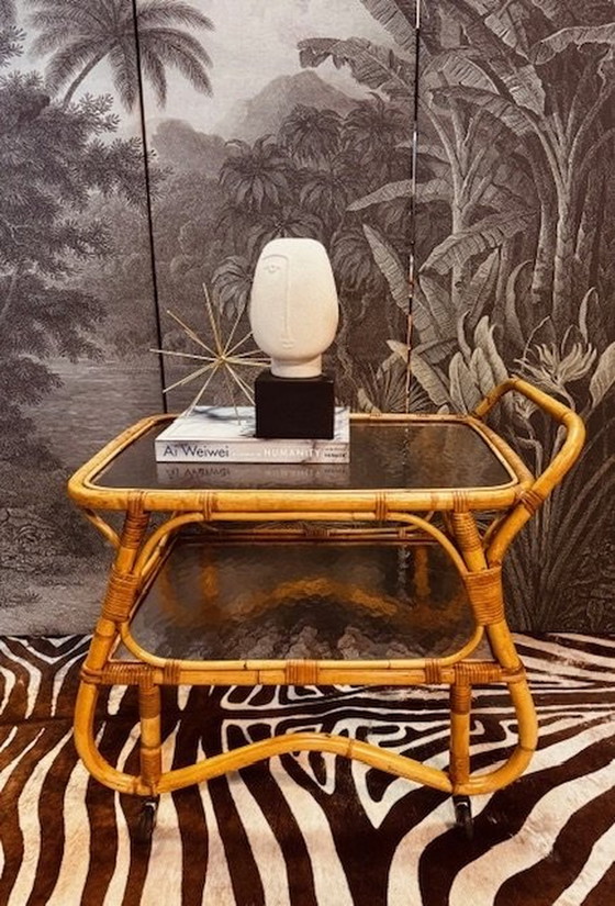 Image 1 of Rohe Rattan Bamboo Serving Cart, Trolley, Beverage Trolley