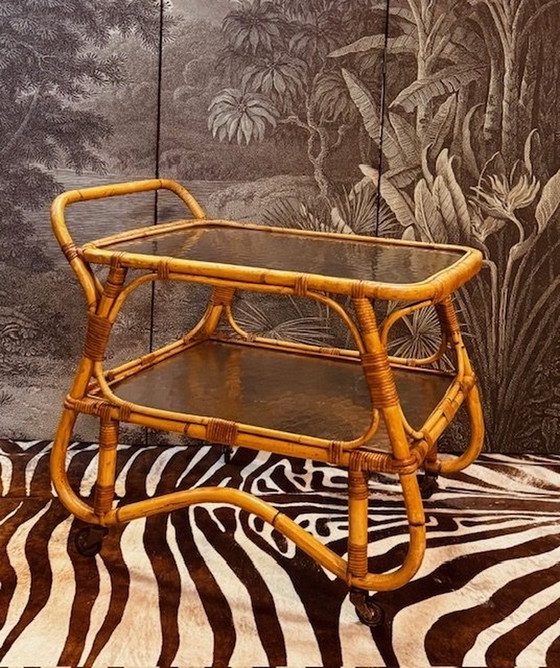 Image 1 of Rohe Rattan Bamboo Serving Cart, Trolley, Beverage Trolley