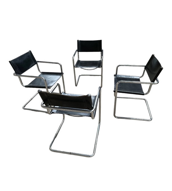 Image 1 of 4x vintage leather tubular frame chair