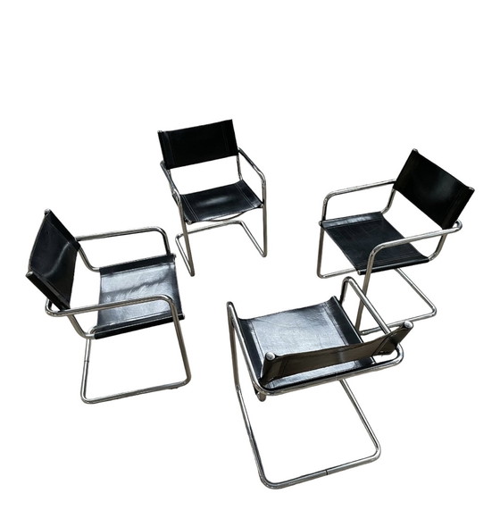 Image 1 of 4x vintage leather tubular frame chair