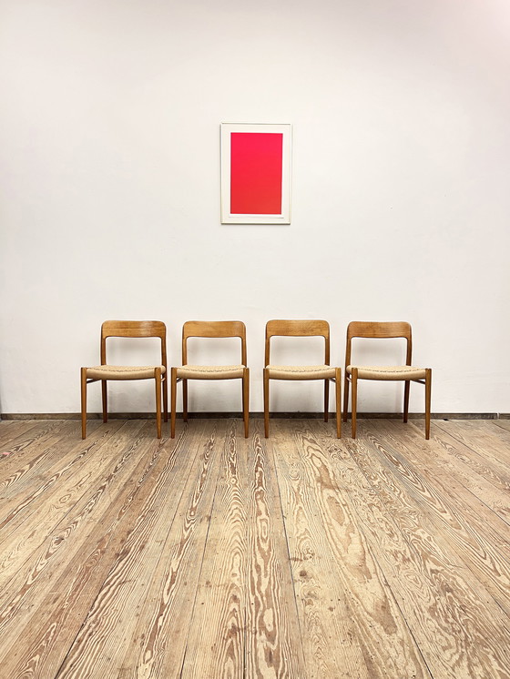 Image 1 of Mid-Century Danish Model 75 Chairs in Oak by Niels O. Møller for Jl Møllers Furniture Factory, 1950s, Set of 4