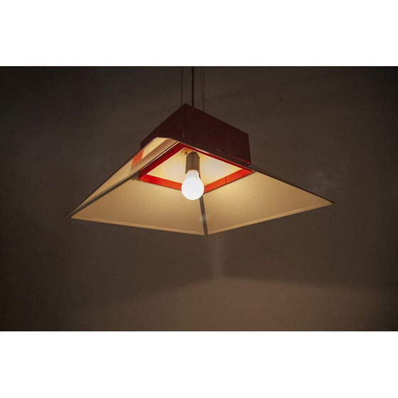 Image 1 of Paralume vintage in metallo smaltato rosso appeso a una lampada da soffitto rossa di Artimeta