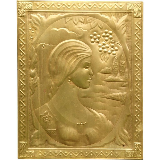 Art Deco vintage brass relief picture, 1940s