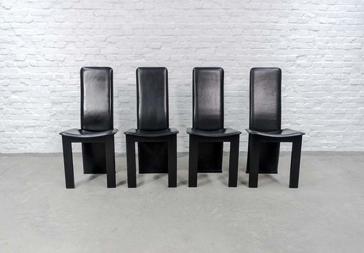 =Black Sadle Leather High Back Vintage Design Dining Chairs. Italy, 1970s.