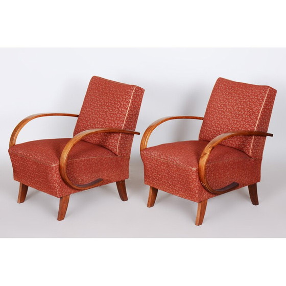 Image 1 of Pair of vintage red Czech Art Deco beechwood armchairs by Jindrich Halabala for Up Zavody, 1930s
