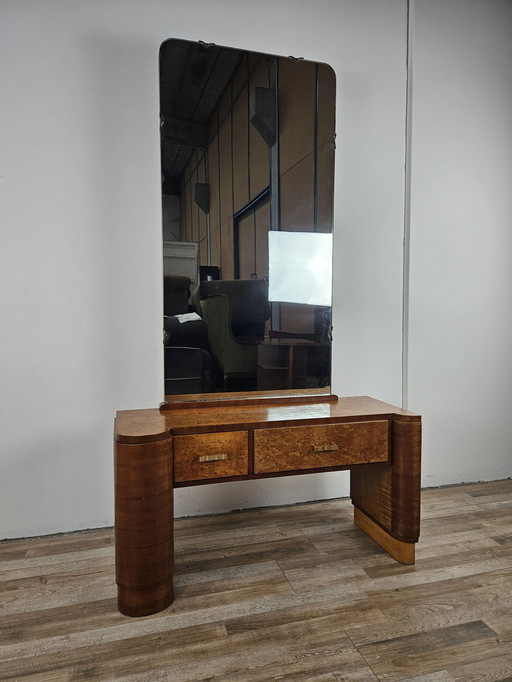 Art Decò Consolle In Thuja Briar With Mirror And Drawers