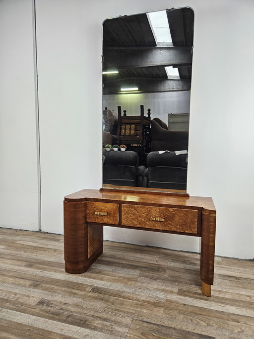 Art Decò Consolle In Thuja Briar With Mirror And Drawers