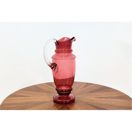 Image 1 of Vintage pink glass jug with white ear, Czechoslovakia 1950s