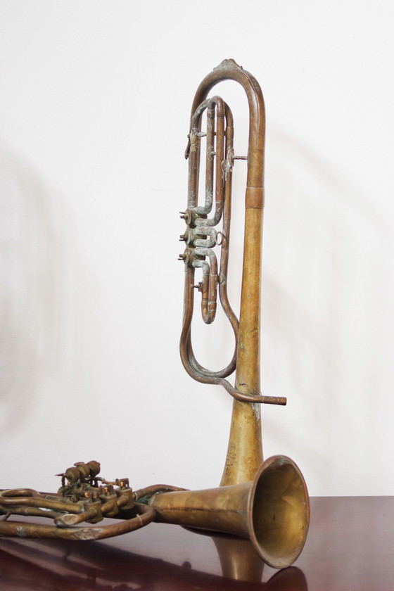 Image 1 of Vintage Set Of Three 1940S Copper Trumpets - Antique Musical Instrument Collection