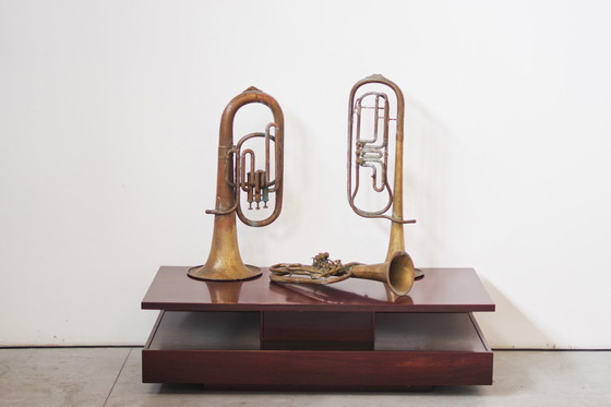 Image 1 of Vintage Set Of Three 1940S Copper Trumpets - Antique Musical Instrument Collection