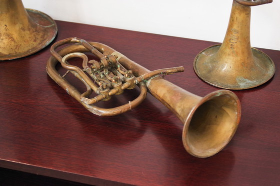 Image 1 of Vintage Set Of Three 1940S Copper Trumpets - Antique Musical Instrument Collection