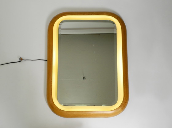 Image 1 of Large beautiful 1960s oak wood backlit illuminated wall mirror - Made in Italy