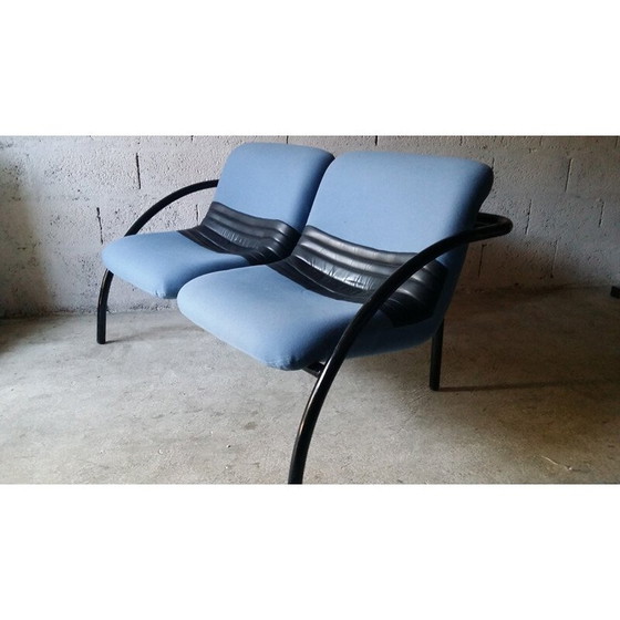 Image 1 of Vintage 2 seater sofa in blue fabric and black leatherette - 1980s