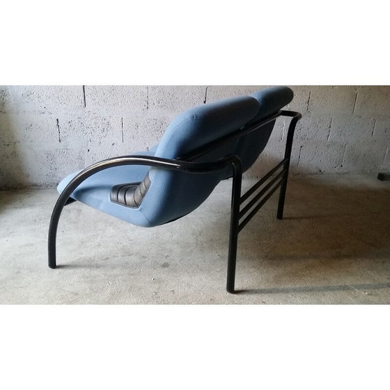 Image 1 of Vintage 2 seater sofa in blue fabric and black leatherette - 1980s