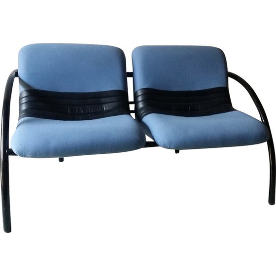 Image 1 of Vintage 2 seater sofa in blue fabric and black leatherette - 1980s