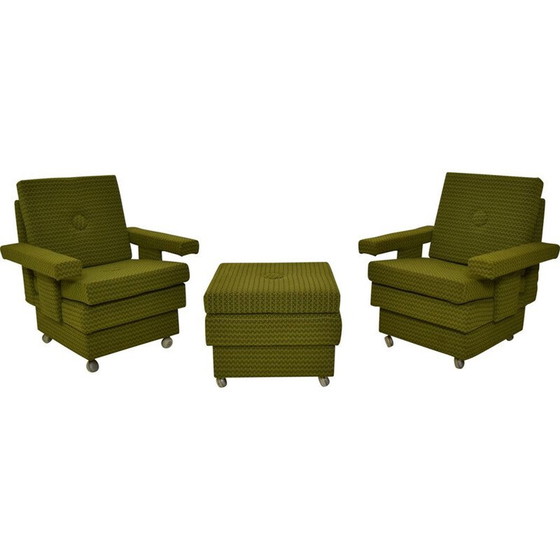 Image 1 of Pair of vintage armchairs with pouf and fabric wheels, Czechoslovakia 1970