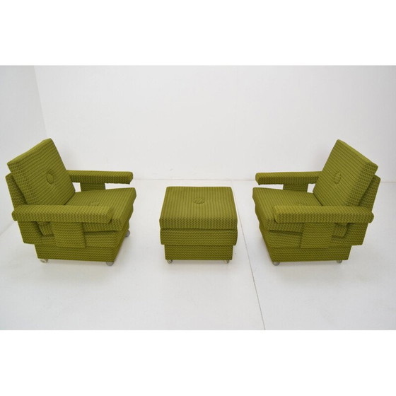 Image 1 of Pair of vintage armchairs with pouf and fabric wheels, Czechoslovakia 1970