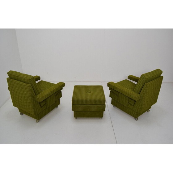 Image 1 of Pair of vintage armchairs with pouf and fabric wheels, Czechoslovakia 1970
