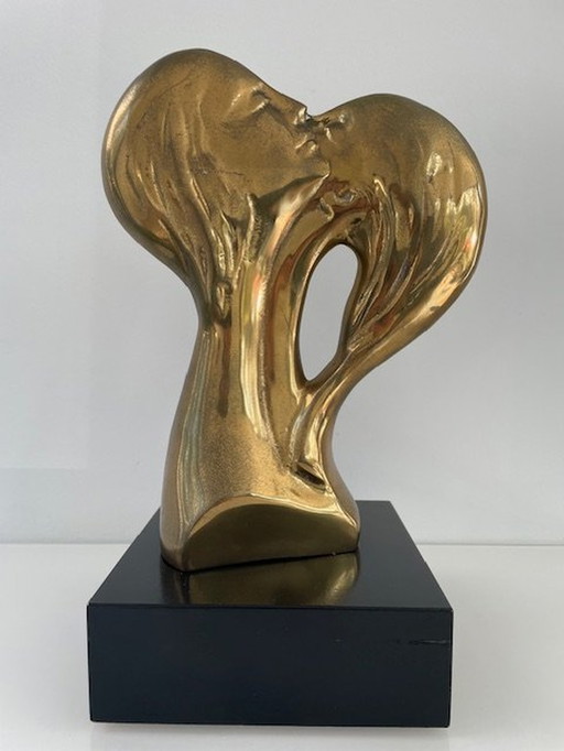 Stylized Brass Statue on Pedestal - "The Couple" (H35cm)