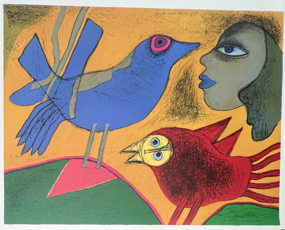 Image 1 of Signed; Guillaume Corneille Lithograph Birds And Black Girl 1995 E/A