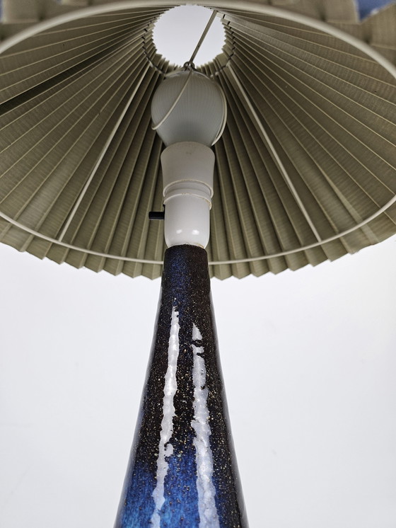 Image 1 of Ceramic Floor Lamp With Blue Shade Danish