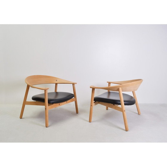 Image 1 of Pair of vintage oak and leather armchairs and ottoman by Henrik Bønnelycke for Silo furniture, 2002