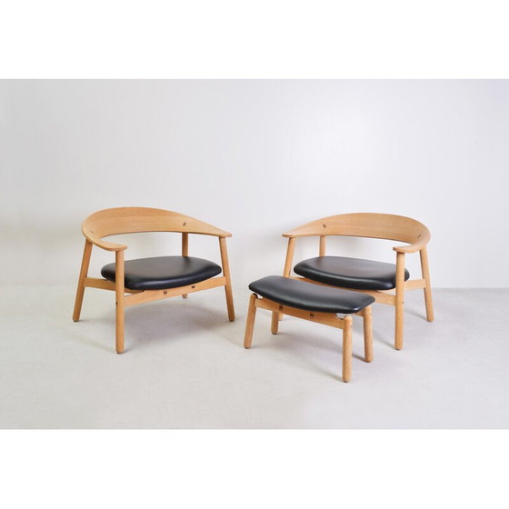 Image 1 of Pair of vintage oak and leather armchairs and ottoman by Henrik Bønnelycke for Silo furniture, 2002