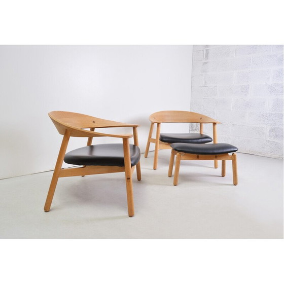 Image 1 of Pair of vintage oak and leather armchairs and ottoman by Henrik Bønnelycke for Silo furniture, 2002