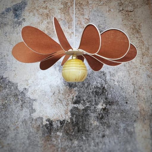 12-blade Wicker and Linen Terracotta Hanging Propeller + Vintage Yellow Marbled Globe
