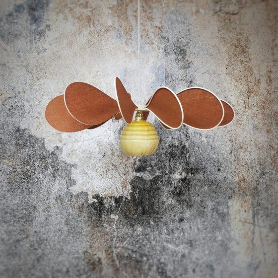 Image 1 of 12-blade Wicker and Linen Terracotta Hanging Propeller + Vintage Yellow Marbled Globe