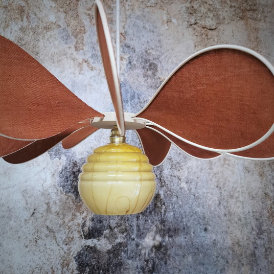 Image 1 of 12-blade Wicker and Linen Terracotta Hanging Propeller + Vintage Yellow Marbled Globe