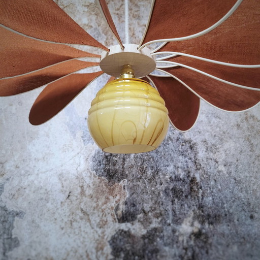 12-blade Wicker and Linen Terracotta Hanging Propeller + Vintage Yellow Marbled Globe