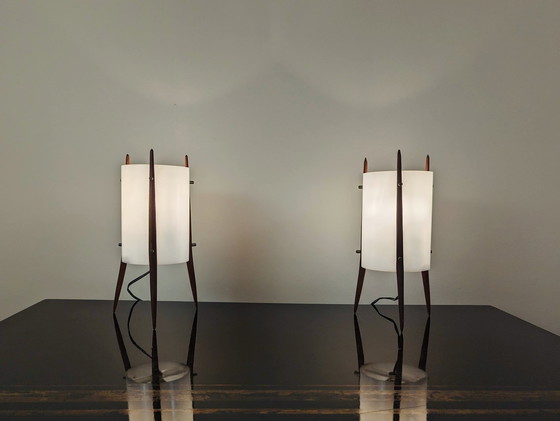 Image 1 of 2x  Alfaplex Milano Teak Tripod Lamps