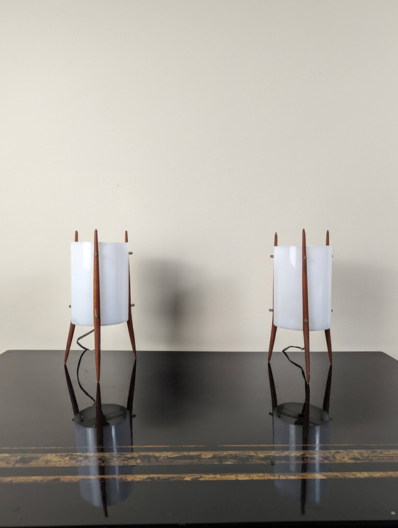 Image 1 of 2x  Alfaplex Milano Teak Tripod Lamps