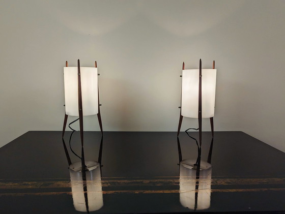 Image 1 of 2x  Alfaplex Milano Teak Tripod Lamps