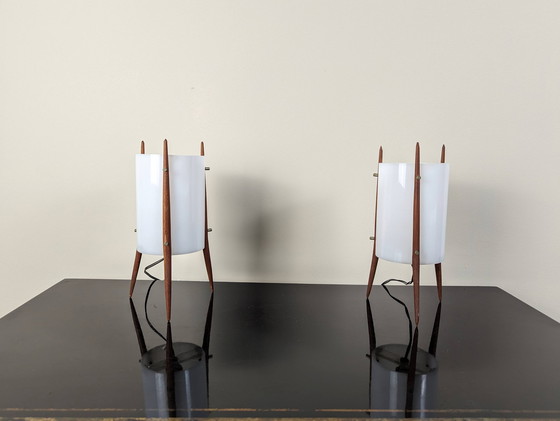 Image 1 of 2x  Alfaplex Milano Teak Tripod Lamps