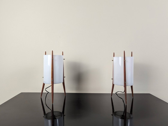 Image 1 of 2x  Alfaplex Milano Teak Tripod Lamps