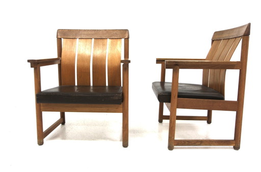  Set Of 2 Leather And Oak Armchair Tables, Ferdinand Lundqvist, Sweden, 1960
