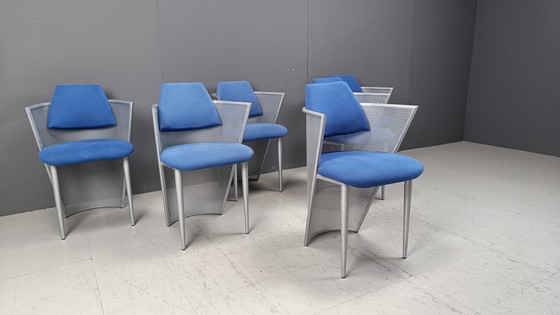 Image 1 of Set Of 6 Postmodern Fabric And Metal Dining Chairs, 1980S