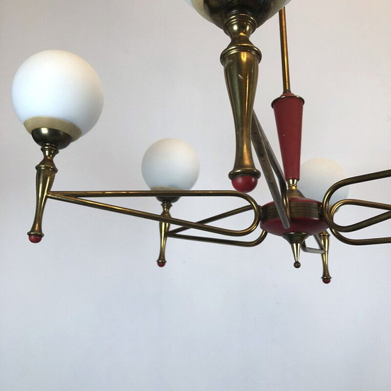 Image 1 of Vintage brass and opaline chandelier by Stilnovo, Italy 1950