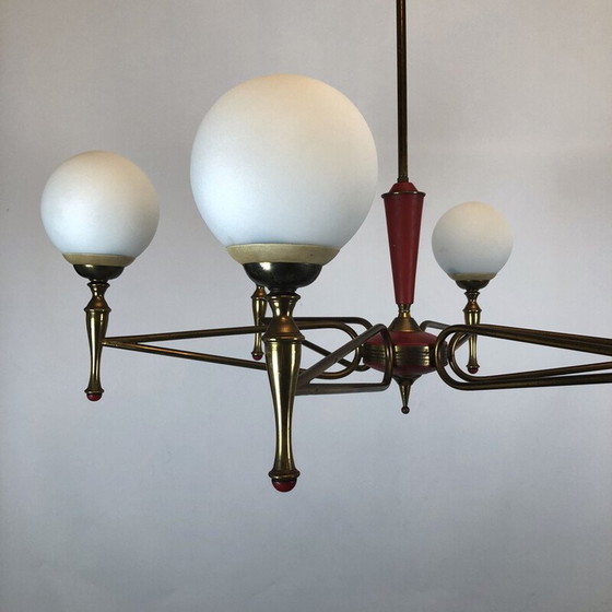 Image 1 of Vintage brass and opaline chandelier by Stilnovo, Italy 1950