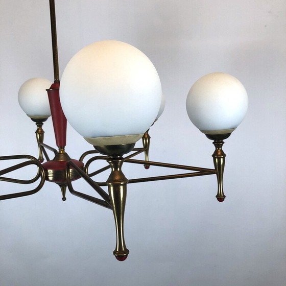 Image 1 of Vintage brass and opaline chandelier by Stilnovo, Italy 1950